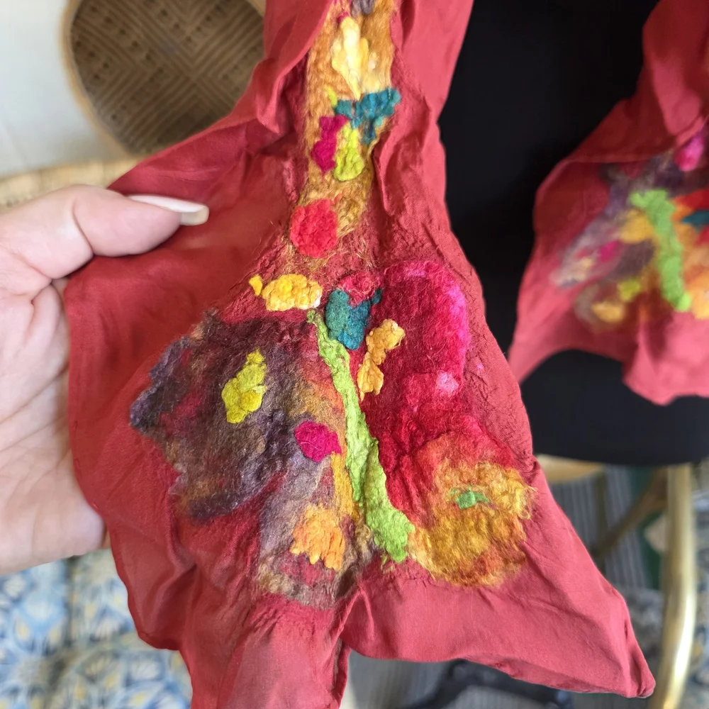 Vintage Red Scarf with Colorful Embroidery Feminine Ruffle Bohemian